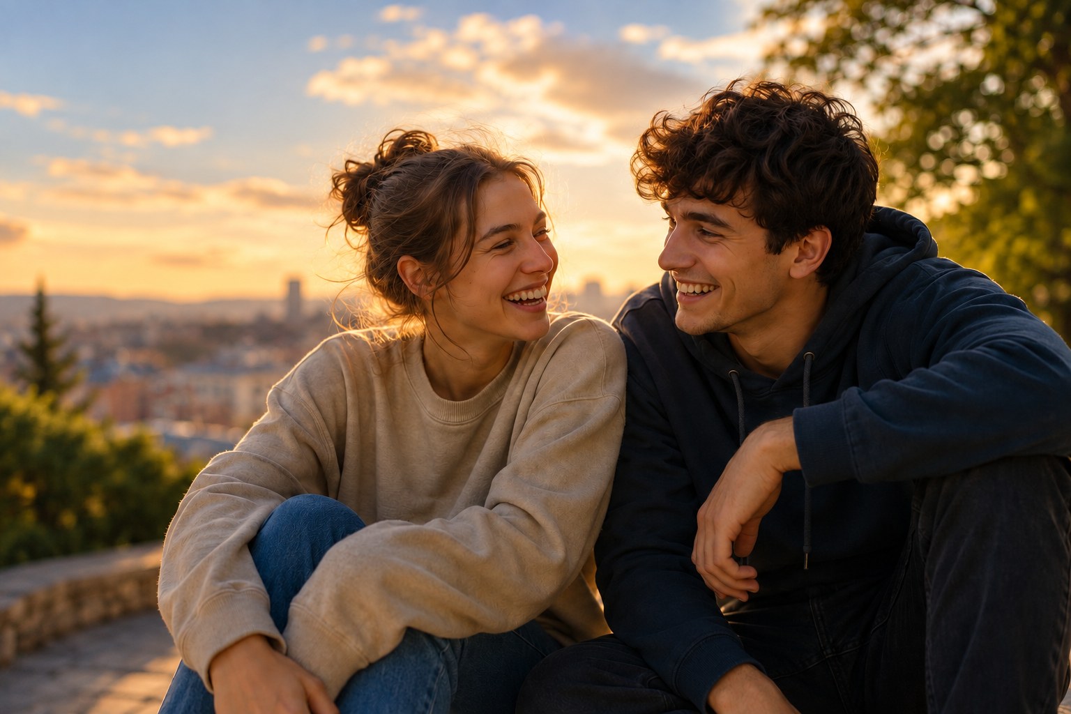 Two friends sharing a moment at sunset
